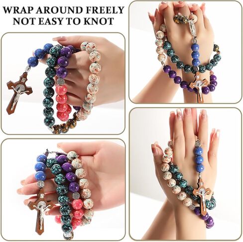 مسبحة كاثوليكية من الخرز المطلي يدويًا - خرز لامع غير مشوه مع St. ميدالية وصليب بنديكت، هدية المناولة الأولى، ديكور مرآة السيارة، خرز الصلاة المسيحية، هدية كاثوليكية ومسيحية in Kuwait