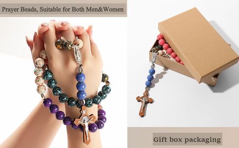 مسبحة كاثوليكية من الخرز المطلي يدويًا - خرز لامع غير مشوه مع St. ميدالية وصليب بنديكت، هدية المناولة الأولى، ديكور مرآة السيارة، خرز الصلاة المسيحية، هدية كاثوليكية ومسيحية in Kuwait