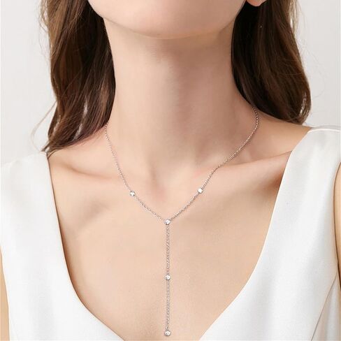 EPIRORA Y-Shaped Lariat Necklace for Women, Dainty Long Layered CZ Teardrop Pendant Necklace 14K Silver Plated Adjustable Chain Trendy Jewelry Gifts for Women in Saudi Arabia