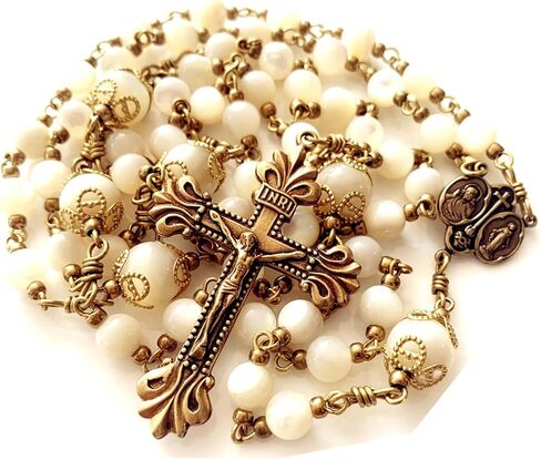 elegantmedical HANDMADE COPPER CATHOLIC ROSARY Moonlight Mother of Pearl Beads necklace Crucifix Cross gift box Gift in Saudi Arabia