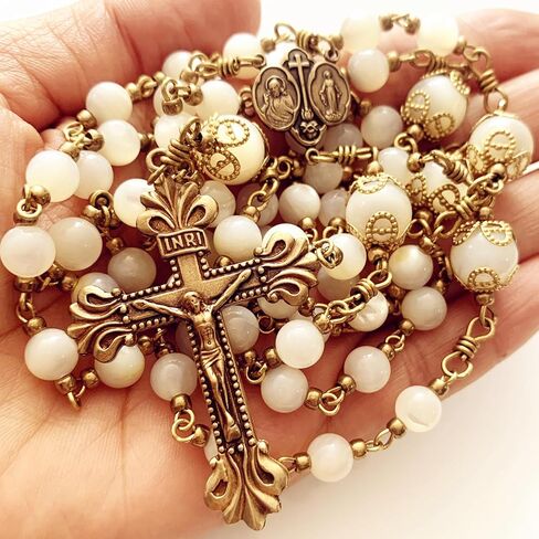 elegantmedical HANDMADE COPPER CATHOLIC ROSARY Moonlight Mother of Pearl Beads necklace Crucifix Cross gift box Gift in Saudi Arabia