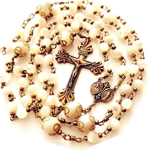 elegantmedical HANDMADE COPPER CATHOLIC ROSARY Moonlight Mother of Pearl Beads necklace Crucifix Cross gift box Gift in Saudi Arabia