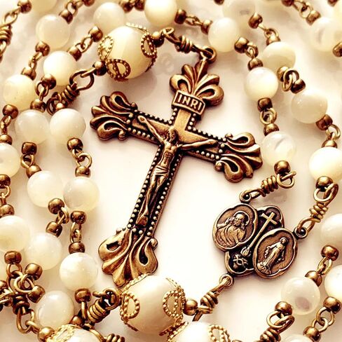 elegantmedical HANDMADE COPPER CATHOLIC ROSARY Moonlight Mother of Pearl Beads necklace Crucifix Cross gift box Gift in Saudi Arabia