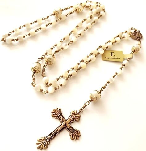 elegantmedical HANDMADE COPPER CATHOLIC ROSARY Moonlight Mother of Pearl Beads necklace Crucifix Cross gift box Gift in Saudi Arabia