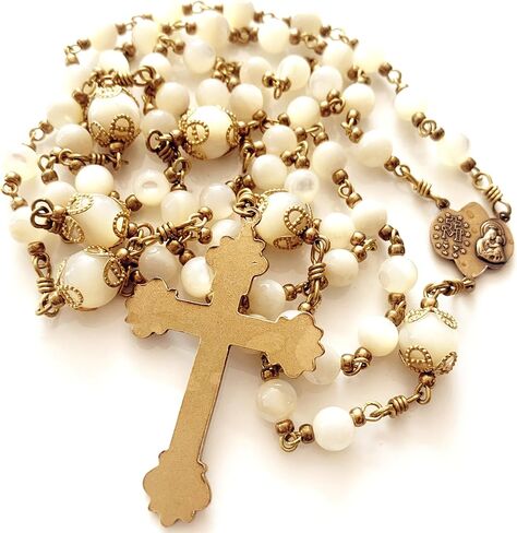 elegantmedical HANDMADE COPPER CATHOLIC ROSARY Moonlight Mother of Pearl Beads necklace Crucifix Cross gift box Gift in Saudi Arabia