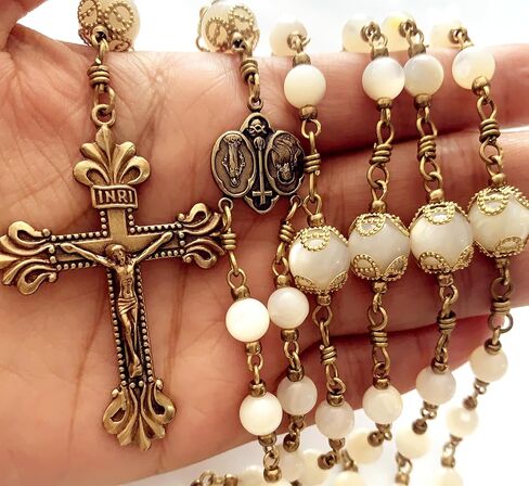 elegantmedical HANDMADE COPPER CATHOLIC ROSARY Moonlight Mother of Pearl Beads necklace Crucifix Cross gift box Gift in Saudi Arabia
