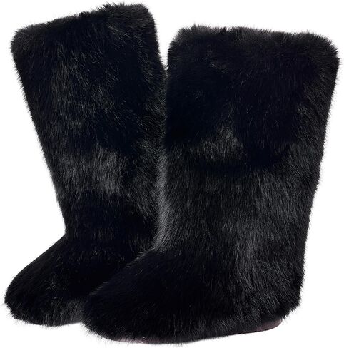 أحذية من الفرو الصناعي للنساء، أحذية طويلة للثلج من الفرو للركبة، أحذية شتوية طويلة مريحة ومريحة، بني داكن وأسود طويل مبطنة بالفراء in Kuwait