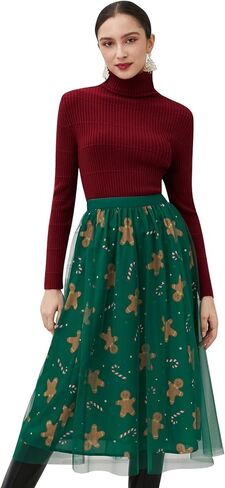 CHICWISH Women Christmas Gingerbread Man Green Mesh Tulle Midi Skirt A-Line High Waist Flowy Holiday Party Skirts in Saudi Arabia