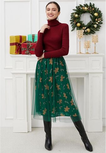 CHICWISH Women Christmas Gingerbread Man Green Mesh Tulle Midi Skirt A-Line High Waist Flowy Holiday Party Skirts in Saudi Arabia