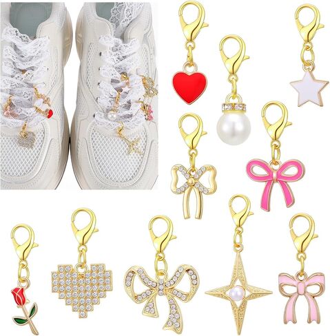 10 Pack Gold Tone Shoe Charms Various Styles Sneaker Charms Bow Shoe Lace Charm Pendant Decoration Kit with Lobster Clasp for Women Shoes Boots Shoelace Accessories Gift Jewelry in Saudi Arabia