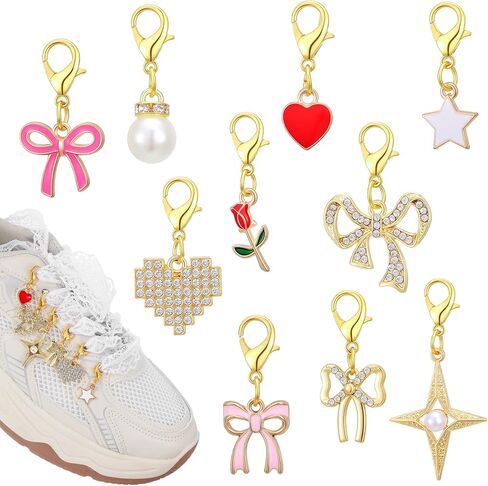 10 Pack Gold Tone Shoe Charms Various Styles Sneaker Charms Bow Shoe Lace Charm Pendant Decoration Kit with Lobster Clasp for Women Shoes Boots Shoelace Accessories Gift Jewelry in Saudi Arabia