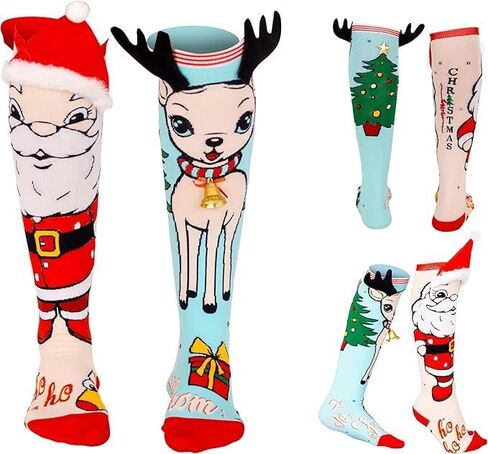 SOXXX Culture] Mismatched Christmas Knee-High Socks – 1 Pair – 3D Santa & Reindeer Novelty Holiday Socks for Women & Girls – Funny Festive Xmas Stocking Stuffer – 17" Tall – Fits US 6–10 in Saudi Arabia
