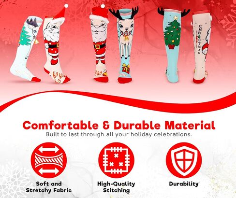 SOXXX Culture] Mismatched Christmas Knee-High Socks – 1 Pair – 3D Santa & Reindeer Novelty Holiday Socks for Women & Girls – Funny Festive Xmas Stocking Stuffer – 17" Tall – Fits US 6–10 in Saudi Arabia