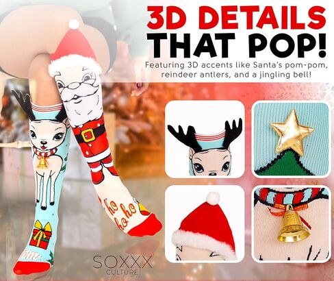 SOXXX Culture] Mismatched Christmas Knee-High Socks – 1 Pair – 3D Santa & Reindeer Novelty Holiday Socks for Women & Girls – Funny Festive Xmas Stocking Stuffer – 17" Tall – Fits US 6–10 in Saudi Arabia