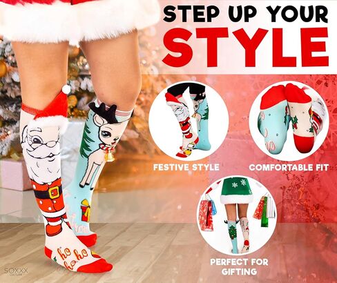 SOXXX Culture] Mismatched Christmas Knee-High Socks – 1 Pair – 3D Santa & Reindeer Novelty Holiday Socks for Women & Girls – Funny Festive Xmas Stocking Stuffer – 17" Tall – Fits US 6–10 in Saudi Arabia