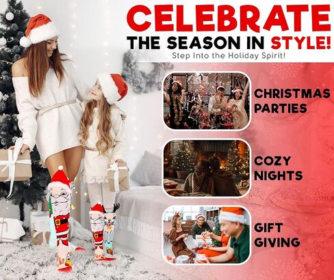 SOXXX Culture] Mismatched Christmas Knee-High Socks – 1 Pair – 3D Santa & Reindeer Novelty Holiday Socks for Women & Girls – Funny Festive Xmas Stocking Stuffer – 17" Tall – Fits US 6–10 in Saudi Arabia