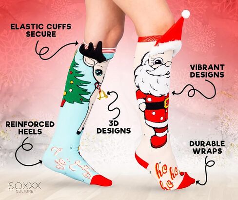 SOXXX Culture] Mismatched Christmas Knee-High Socks – 1 Pair – 3D Santa & Reindeer Novelty Holiday Socks for Women & Girls – Funny Festive Xmas Stocking Stuffer – 17" Tall – Fits US 6–10 in Saudi Arabia