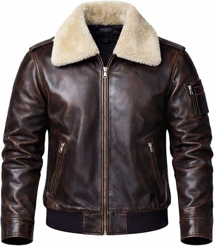 Rub Off Brown Aviator Real Leather Jacket Men Shearling Collar Multiple Pockets Vintage Winter Style in Saudi Arabia