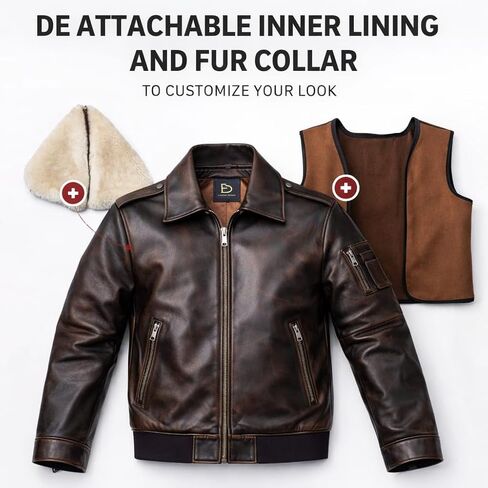 Rub Off Brown Aviator Real Leather Jacket Men Shearling Collar Multiple Pockets Vintage Winter Style in Saudi Arabia