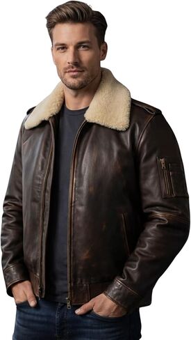 Rub Off Brown Aviator Real Leather Jacket Men Shearling Collar Multiple Pockets Vintage Winter Style in Saudi Arabia