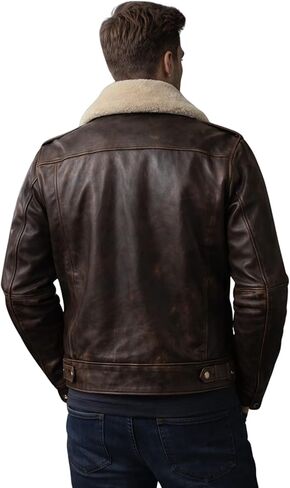 Rub Off Brown Aviator Real Leather Jacket Men Shearling Collar Multiple Pockets Vintage Winter Style in Saudi Arabia