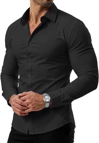 PLEPAN Men's Slim Fit Stretch Dress Shirt Stain Proof Wrinkle-Free Muscle Fit Long Sleeve Button Down Formal Shirt in Saudi Arabia