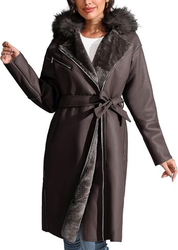 معطف نسائي من الجلد الصناعي من Bellivera مع غطاء من الفرو الصناعي كاجوال سميك مبطن بطول الركبة ملابس خارجية شتوية in Kuwait