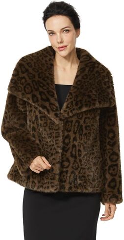 Women Cropped Faux Fur Leopard Coat with Pockets Lapel Shaggy Furry Winter Jacket Long Sleeve Open Front in Saudi Arabia