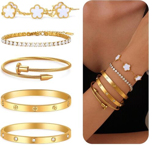 مجموعة 5 قطع من أساور Love Bangle Gold Clover للنساء، مصنوعة من الفولاذ المقاوم للصدأ 316L مع طلاء مرآة وطلاء PVD عيار 18 قيراط، لا تسبب الحساسية ومقاومة للعرق، مثالية لحفلات الزفاف وهدايا عيد الميلاد in Saudi Arabia