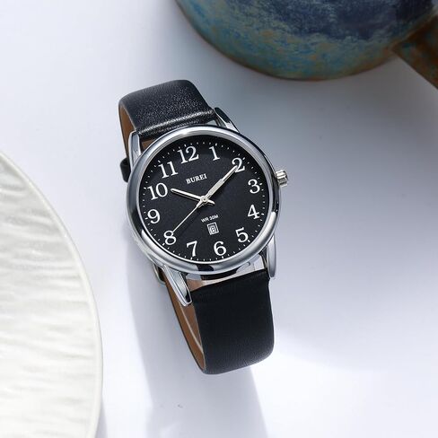 BUREI Women's Black Leather Watches Easy to Read Minimalist Watch for Women and Nurses, Gift for Her(White Face with Luminous) in Saudi Arabia