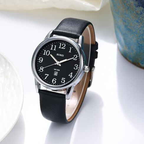 BUREI Women's Black Leather Watches Easy to Read Minimalist Watch for Women and Nurses, Gift for Her(White Face with Luminous) in Saudi Arabia
