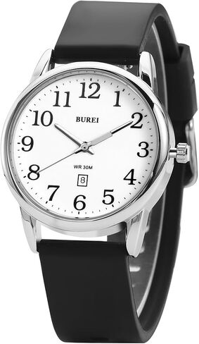 BUREI Women's Black Leather Watches Easy to Read Minimalist Watch for Women and Nurses, Gift for Her(White Face with Luminous) in Saudi Arabia