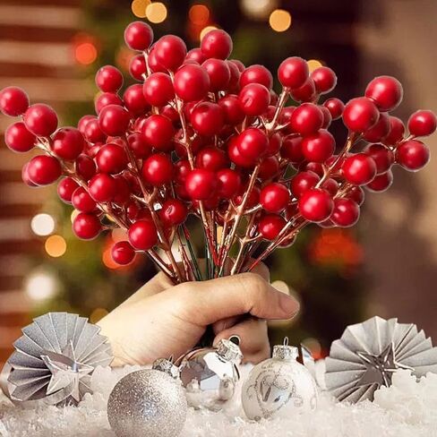 7 رؤوس عيد الميلاد فرع التوت الاصطناعي الأحمر سيقان التوت الهولي DIY إكليل حرفي لتزيين شجرة عيد الميلاد (أحمر-10 قطع) in Saudi Arabia