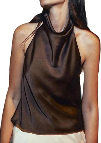 Women Halter Top Cowl Neck Backless Satin Silk Tank Tops Elegant Going Out Clubwear in Saudi Arabia
