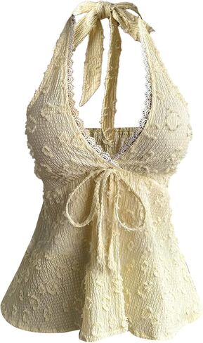 SHENHE Women's Textured Halter Tank Top Lace Trim Tie Front Sleeveless Tops in Saudi Arabia