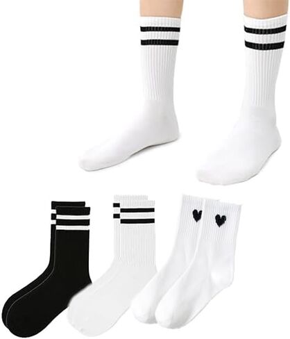 3 Pairs Of Men's Women's Striped & Heart Patterned Sports Casual Socks, Mid-calf Running Socks, Moisture Wicking, Breathable in Saudi Arabia