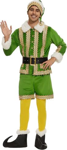 Elf Costume for Men, Deluxe 6 Pcs Christmas Green Elf Velvet Suit Adult Outfit, Xmas Fancy Holiday Party Cosplay Suit in Saudi Arabia