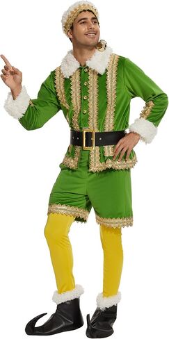 Elf Costume for Men, Deluxe 6 Pcs Christmas Green Elf Velvet Suit Adult Outfit, Xmas Fancy Holiday Party Cosplay Suit in Saudi Arabia