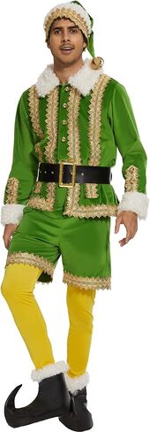 Elf Costume for Men, Deluxe 6 Pcs Christmas Green Elf Velvet Suit Adult Outfit, Xmas Fancy Holiday Party Cosplay Suit in Saudi Arabia