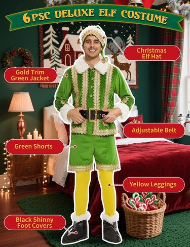 Elf Costume for Men, Deluxe 6 Pcs Christmas Green Elf Velvet Suit Adult Outfit, Xmas Fancy Holiday Party Cosplay Suit in Saudi Arabia