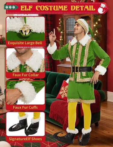 Elf Costume for Men, Deluxe 6 Pcs Christmas Green Elf Velvet Suit Adult Outfit, Xmas Fancy Holiday Party Cosplay Suit in Saudi Arabia
