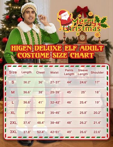 Elf Costume for Men, Deluxe 6 Pcs Christmas Green Elf Velvet Suit Adult Outfit, Xmas Fancy Holiday Party Cosplay Suit in Saudi Arabia