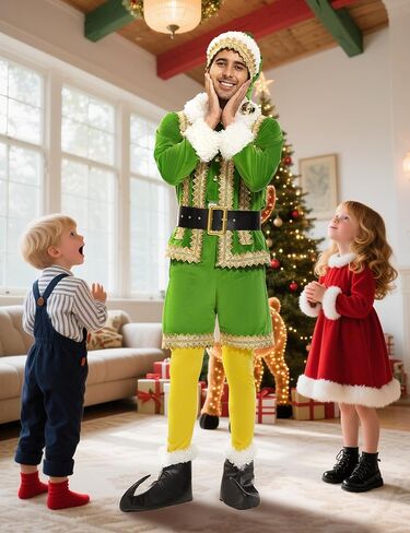 Elf Costume for Men, Deluxe 6 Pcs Christmas Green Elf Velvet Suit Adult Outfit, Xmas Fancy Holiday Party Cosplay Suit in Saudi Arabia