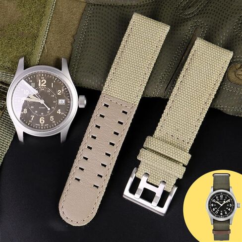 Canvas Leather Strap is Suitable for Hamilton Khaki Field Watch H68201993 H7060596 for Seiko Strap 20mm 22mm Buckle (Color : Khaki Silver, Size : 20mm) in Saudi Arabia