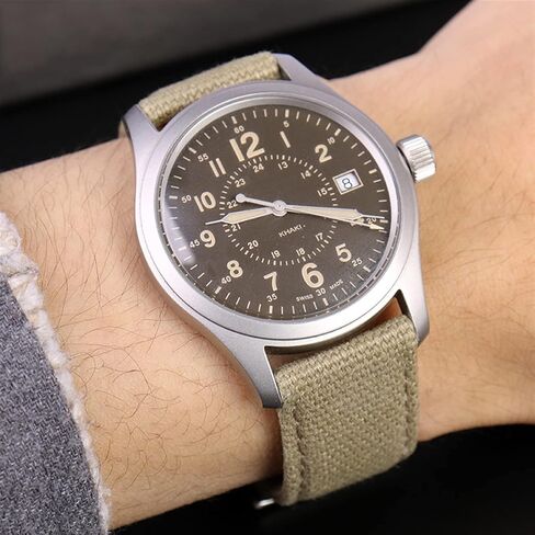 Canvas Leather Strap is Suitable for Hamilton Khaki Field Watch H68201993 H7060596 for Seiko Strap 20mm 22mm Buckle (Color : Khaki Silver, Size : 20mm) in Saudi Arabia