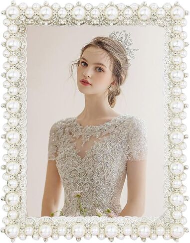 DIKAR 5x7 Picture Frame with Pearls and Rhinestones for Wedding Gifts, Wedding Picture Frame for Tabletop &Wall Mounting Display in Kuwait