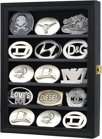 DisplayGifts Belt Buckle Display Case 16x12 Inch, Wall Mount Shadow Box with UV Protection Door, Western Buckle Collector Display Frame for 2.25" to 3.25" Buckles, 5-Tier Display, Black Finish in Saudi Arabia