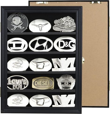 DisplayGifts Belt Buckle Display Case 16x12 Inch, Wall Mount Shadow Box with UV Protection Door, Western Buckle Collector Display Frame for 2.25" to 3.25" Buckles, 5-Tier Display, Black Finish in Saudi Arabia