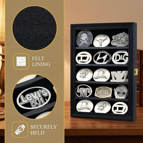 DisplayGifts Belt Buckle Display Case 16x12 Inch, Wall Mount Shadow Box with UV Protection Door, Western Buckle Collector Display Frame for 2.25" to 3.25" Buckles, 5-Tier Display, Black Finish in Saudi Arabia