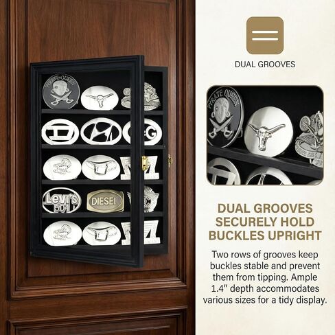 DisplayGifts Belt Buckle Display Case 16x12 Inch, Wall Mount Shadow Box with UV Protection Door, Western Buckle Collector Display Frame for 2.25" to 3.25" Buckles, 5-Tier Display, Black Finish in Saudi Arabia
